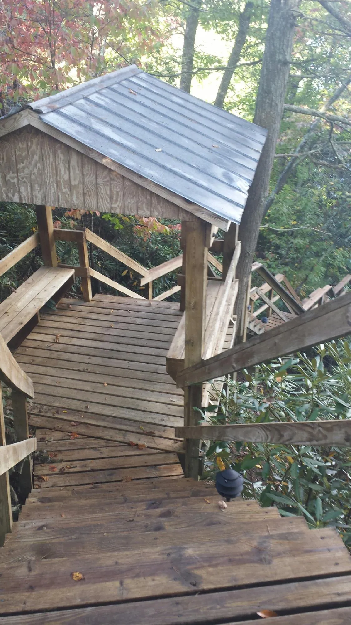 Metal roofed shelter over wooden steps on a wooded walkway — Skylight Repair & Installation work by our crew in Everetts